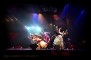 The nocturnal dance number changes to a soft blue; moonlight feel. The outfits flutter to elude to feathers in flight and the performers act owlishly as they dance.